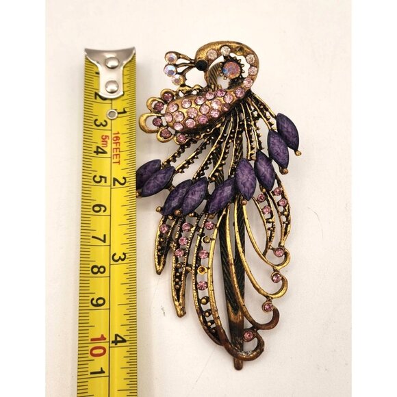 Vintage Brass Peacock Hair Clip With Purple & Pink Rhinestones - Picture 4 of 4